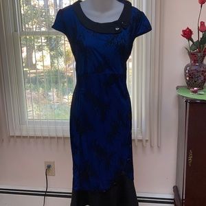 Sleeve long dress blue with black lace overlay